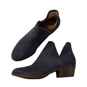 Lucky Brand Baley Blue Suede Perforated Leather Block Heel Low Cut Booties
